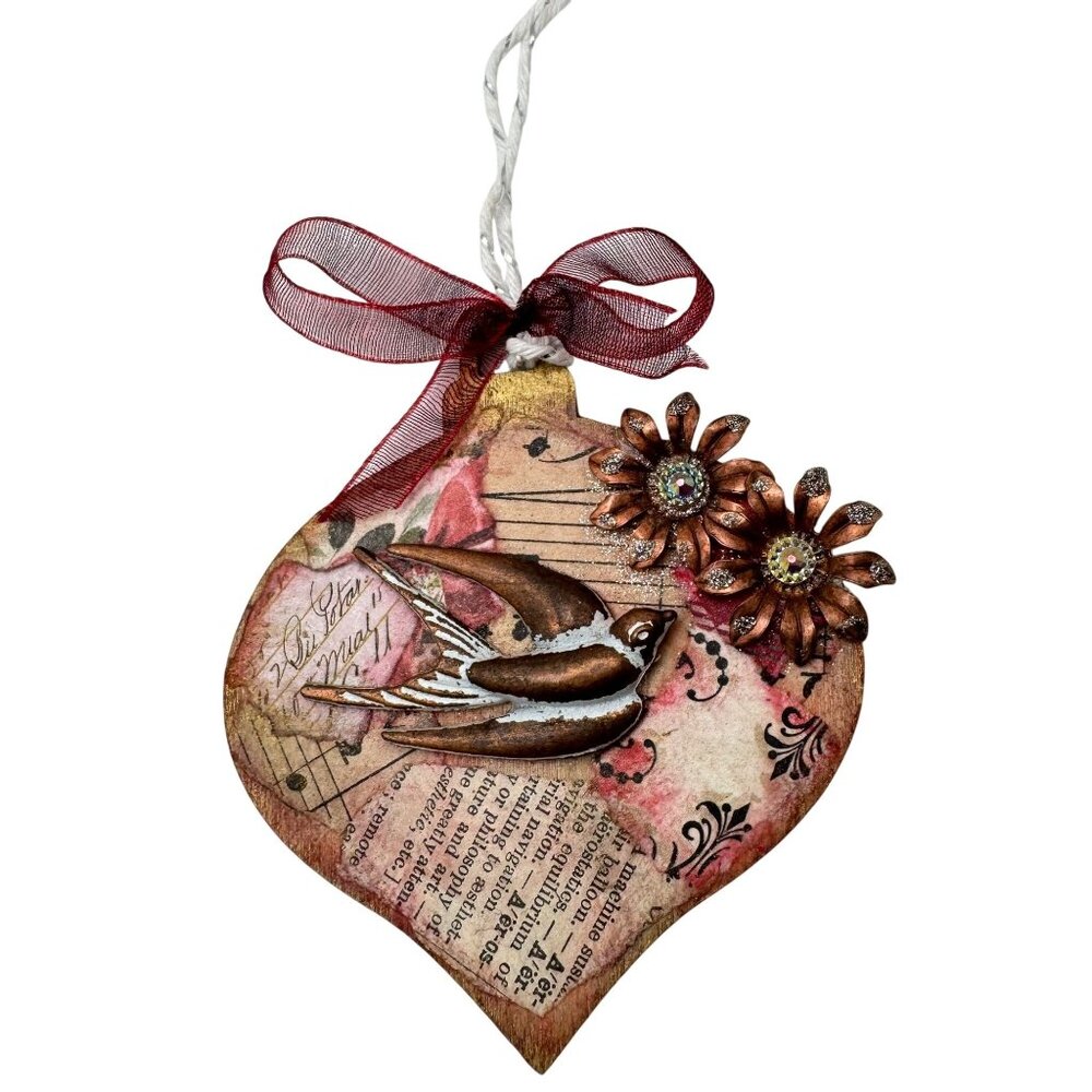 Handcrafted OOAK Vintage-Inspired Collage Ornament Bronze Tone Bird Pink Flower